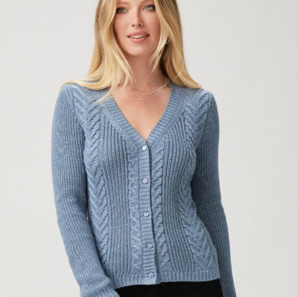 PAIGE V Neck Blue Cable Knit Cardigan sz S